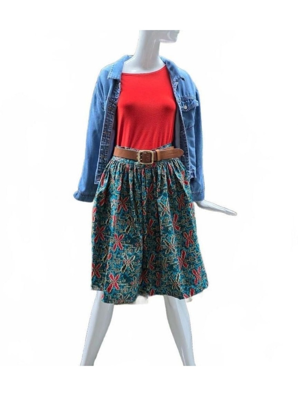 Ikunde Collection Handmade Rwanda Cotton Skirt Teal Raspberry Print  Small